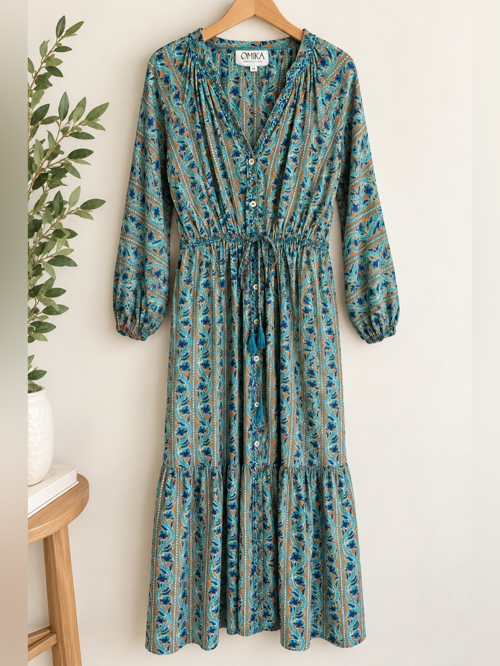 Omika Paisley Button-Front Teal Maxi Dress with Drawstring Waist Medium